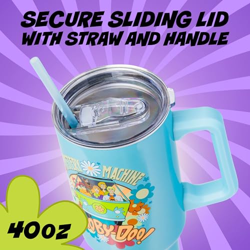 Image of Silver Buffalo Scooby Doo Mystery Machine Featuring Shaggy, Velma, Fred and Daphne Double Walled Stainless Steel Tumbler with Handle and Straw, Fits in Standard Cup Holder, 40 Ounces