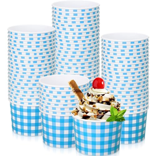 Sieral 50 Pack 9 oz Gingham Ice Cream Paper Cups Bowls, Blue