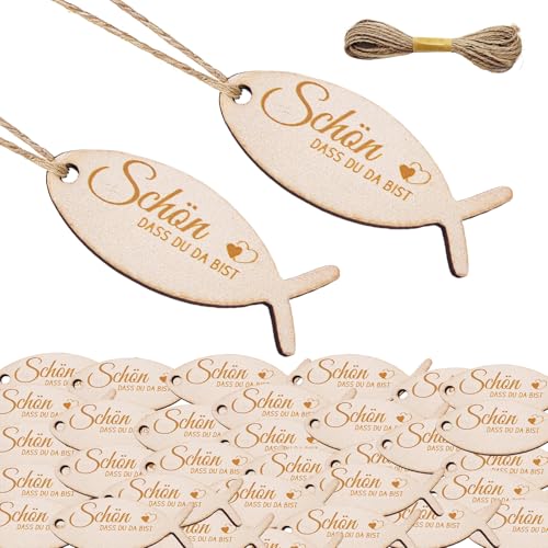 30 Stücke Holz Geschenkanhänger für Kommunion, Geschenkanhänger Taufe, Holzanhänger Fischform Holzscheiben Holzdeko, Streudeko für Kommunion, Konfirmation, Taufe, Gastgeschenke