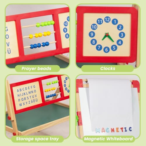 WoodenFun Kinder Kunst Staffelei Verstellbar mit Magnet, Doppelseitige Tafel mit löschbarer Magnettafel Hölzerne Tafel Holz für Kinder Standtafel 10-teiliges Set (Rot)