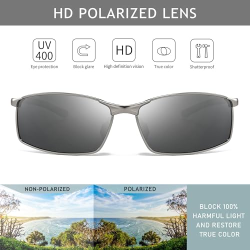 Image of SUNGAIT Ultra-Lightweight Polarized Sunglasses Men for Driving Fishing Golf, Rectangular Metal Frame with Spring Hinge