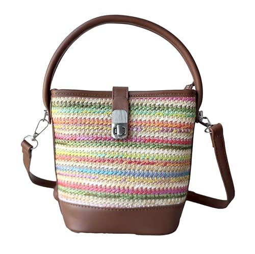 Women's Contrast Color Straw Woven Shoulder Bag Mini Bucket Bag Crossbody Bag