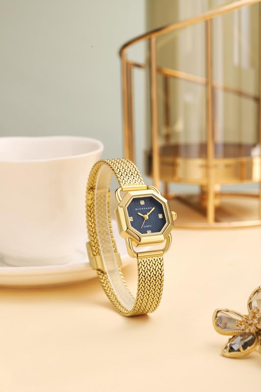 Image of Giordano Analog Quartz Watch for Women with Octagonal Textured Dial, Crystal Hours Markers, Blue Crown and Mesh Metal Strap