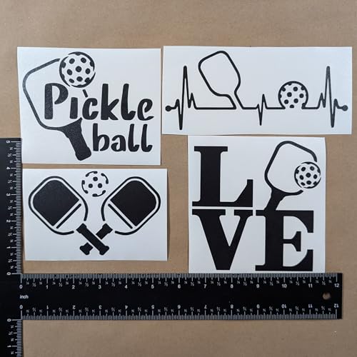 Image of Pickleball Decals 4 Pack: Pickle Ball, Pickleball Heartbeat, Paddles and Pickleball, Love Pickleball Decals (Black, Large ~5 inch)