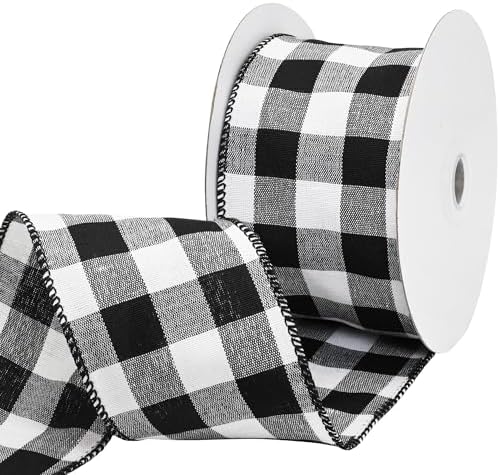 2 Rolls Buffalo Plaid Ribbon – Black & White Checkered Wired Edge Ribbon For Gift Wrapping, Bows, Decor
