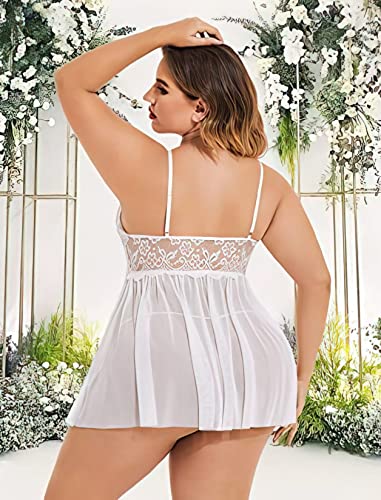 Image of Beautiful Creations Womens Plus Size Lace Floral Knee Length Babydoll Nightwear Set with G-String Panty