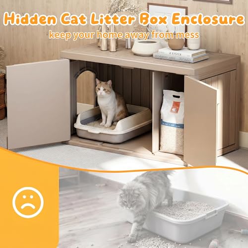 Image of Cat Litter Box Enclosure,Multi-Functional Hidden Litter Box Furniture Cabinet with Adjustable Partition & Side End Table, Indoor Outdoor Cat House with Double Doors,Easy to Clean & Assemble, Gray