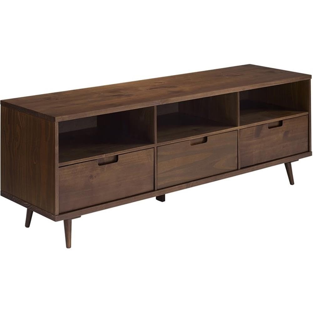 Walker Edison Millie Mid Century Modern 3 Drawer Solid Wood Low Stand for TVs up to 80 Inches, 70 Inch, Walnut