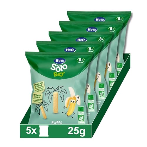 Hero Solo Bio Snacks Puffs Maíz Avena y Plátano Desde 8 Meses, 5 x 25 g | Snacks de cereales ecológi