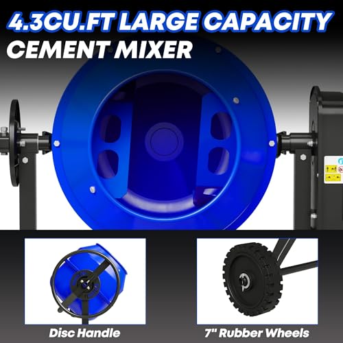 4.3 Cu.Ft. Concrete Mixer Machine, 450W 3/5HP Electric Cement Mixer Machine with Wheel and Stand for Stucco, Blue - Thumbnail 5