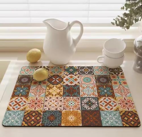Image of HomeCloud Dish Drying Mat for Kitchen Counter - Super Absorbent, Non-Slip & Heat-Resistant - Quick Dry Rack Pad for Dishes, Utensils, Coffee Maker - Stain-Hiding Design (Boho Mosaic)