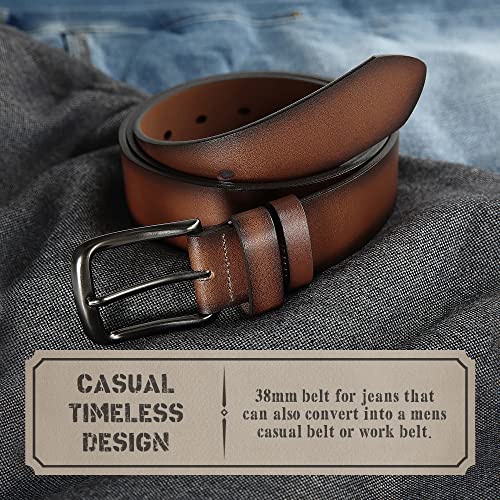 Yoetey 100% Solid Full Grain Cognac Leather Mens Belt Casual 1.5"" Width (Gift Box & Extra Loop) #TOP4