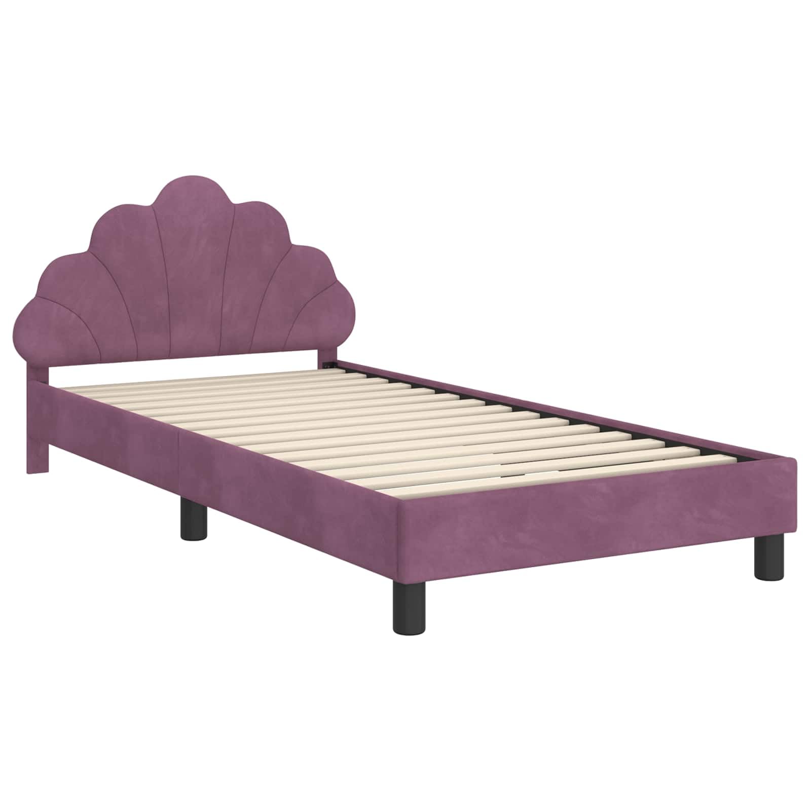 Moderno marco de cama con cabecero en color morado, 90 x 190 cm, tapizado de terciopelo, somier de láminas estable y prácticos compartimentos para libros, 4 piezas