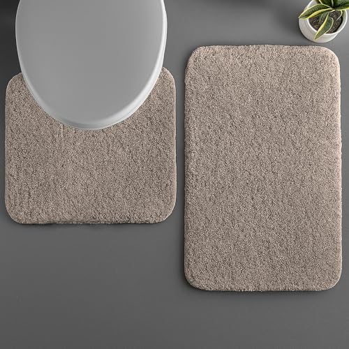 Image of LUXE HOME INTERNATIONAL Polyester Contour Bath Mat - Washable, Anti Skid, Water Absorbent Contour Mats for Bathroom, Toilet, Wash Basin & Bathroom Contour Mat Set (Taupe, 45x 75 cm & 40x45)