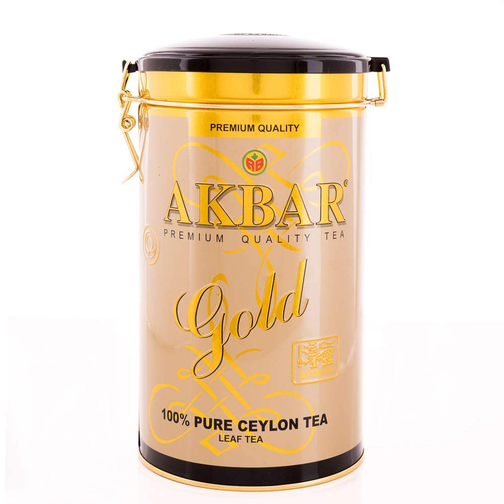 Akbar Gold – 100% Pure Ceylon Loose Leaf Black Tea, FBOP Grade, Premium Gold Tin 450g | Smooth Sri Lankan Blend | Flowery Broken Orange Pekoe