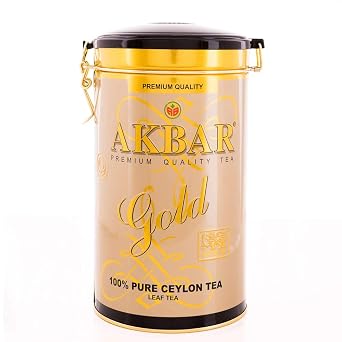 Akbar Gold 100% Pure Ceylon Loose Leaf Black Tea, FBOP Grade, Premium Gold Tin 450g | Smooth Sri Lankan Blend | Flowery Broken Orange Pekoe