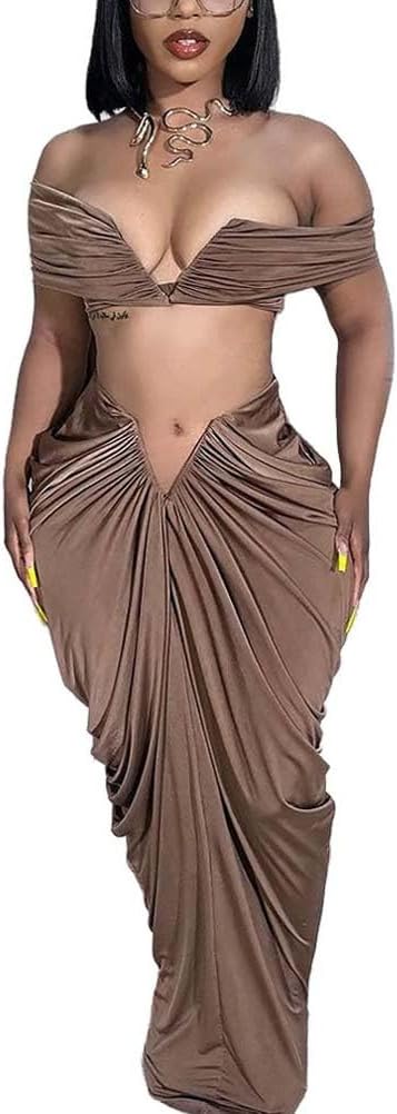WOKASE Women's 2 Piece Sets Sexy Sleeveless V Neck Crop Top Ruched Stretchy Maxi Skirt Clubwear Party Sets