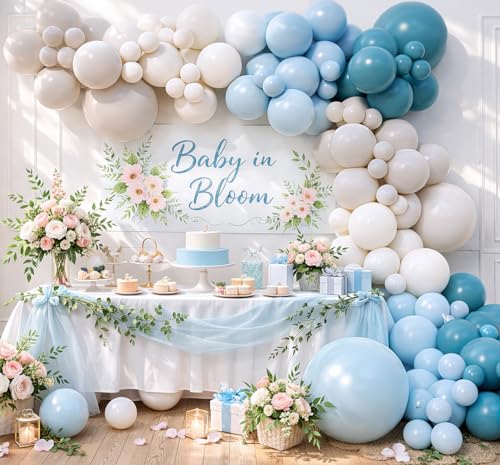 Image of Baby in Bloom Balloon Arch Kit 144pcs Dusty Blue Baby Boy Baby Shower Mom to be Boho Floral Wildflower Party Decorations (Blue)