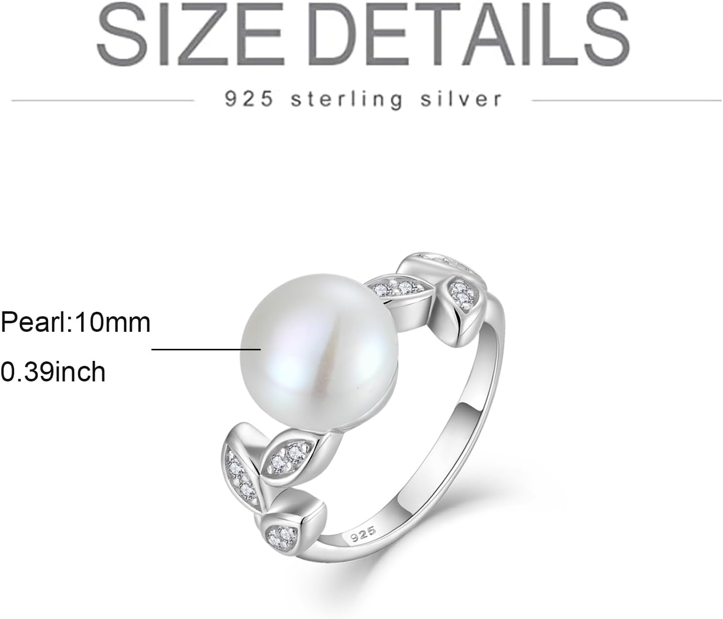 Women Pearl Ring,925 Sterling Silver Cubic Zirconia Leaf Ring with 10MM Cultured Freshwater Pearl for Women Wedding promise rings for her Size 6 - Image 5