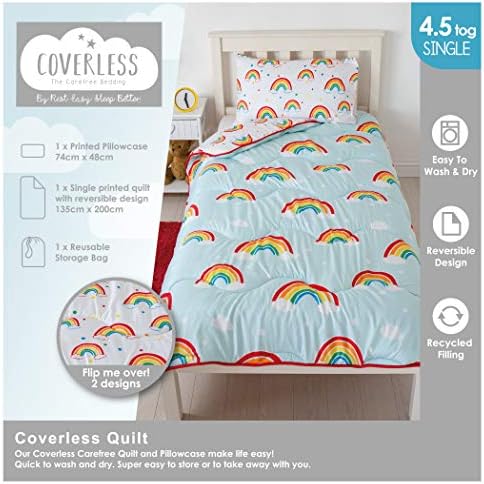 Rest Easy Single Coverless Duvet Bedding | Care Free Reversible Coverless Quilt & Pillowcase | Washable Duvet | Perfect For Travelling & Sleepovers (Single 4.5 tog, Rainbow)
