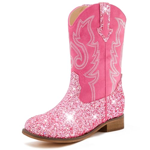 Girls Cowgirl Boots Unisex-Child Mid Calf Glitter Toddler Cowboy Boot Little Big Kids Western Riding Shoes