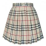 Women's Girls Khaki Plaid Pleated Skirt High Waisted Japanese School Uniform A-line Pleated JK Skirt Skater Tennis