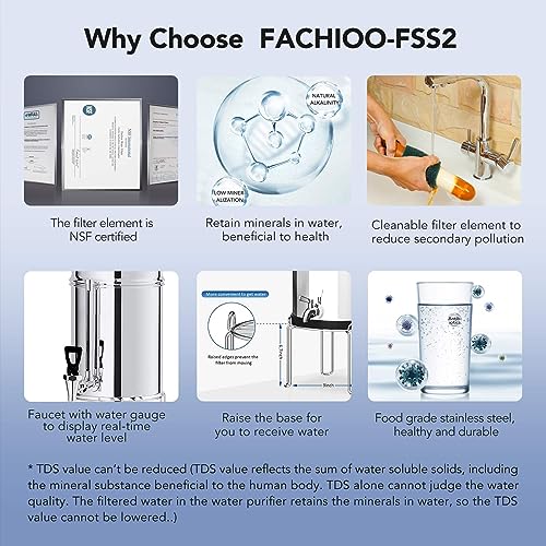 Fachioo Gravity-Fed Water Filter System, 2.25-Gallon Stainless Steel Countertop System With 2 Ceramics Filters, 1 Metal Water Level Spigot And 1 Stand, Reduces 99% Chlorine, King Tank Series #TOP7