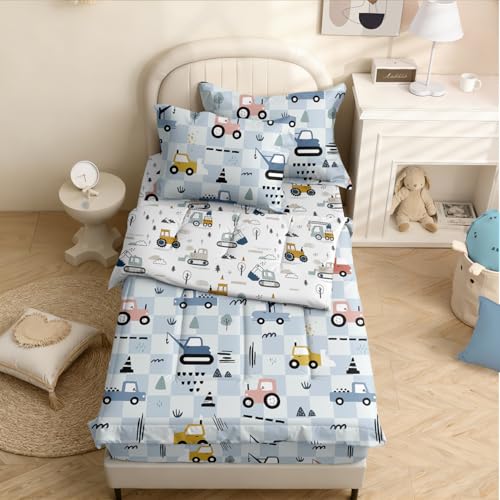 Image of Kids Comforter Set,Zipper Bedding Twin for Boys,Construction Printed Comforter Set with Tractor Fitted Sheets and Pillowcases for All Season(Truck)