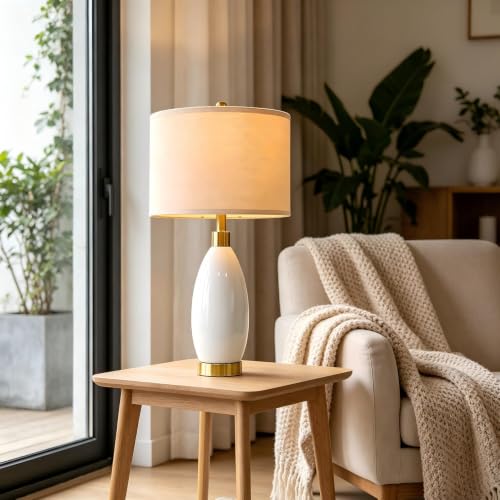 Image of USumkky 24 inch White Oval Ceramic Table Lamp Set of 2, Modern Minimalist Bedside Nightstand Lamps for Bedroom Living Room, Linen Shade & Gold Metal Base, Rotary Switch E26 (Bulbs Excluded)