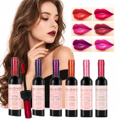 RADIXIA 6 Colors Lip Gloss Set Wine Bottle Inspired Mini Lip Tint Liquid Lip Color with Matte-Looking Finish Portable Lip Makeup Gift Set for Women Girls Party Favors Travel Daily Makeup
