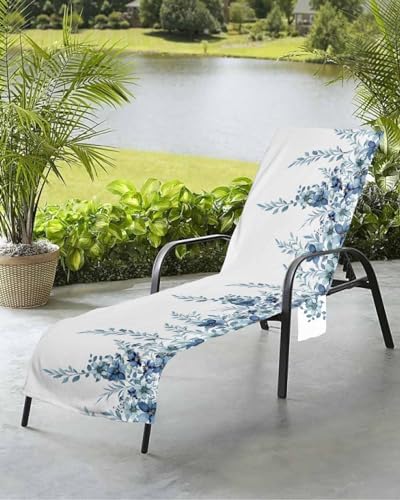 Blue Eucalyptus Leaves Beach Chair Towel Covers for Chaise Lounge with Side Pocket, Soft Plush Pool Towels Cover for Patio Sunbathing Outdoor 29''x85'' Weeping Blossom Vine Leaves