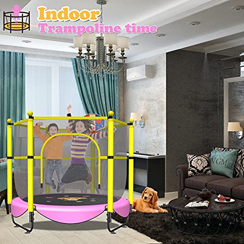 60" Trampoline for Kids, 5 FT Toddler Baby Trampoline with Safety Enclosure Net, Indoor or Outdoor Pink Small Trampolines with Basketball Hoop, Birthday Gifts for Kids, Gifts for Girl Age 3-8