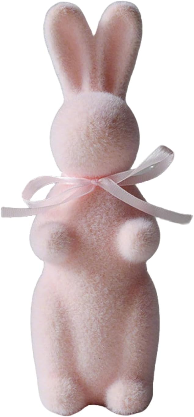 Easter Flocked Bunnies Figurine Easter Decorations, Flocked Easter Bunny Decor, Spring Tables Decoration Centerpieces Indoor Easter Decorating Bunnies for Home Office Party Supplies