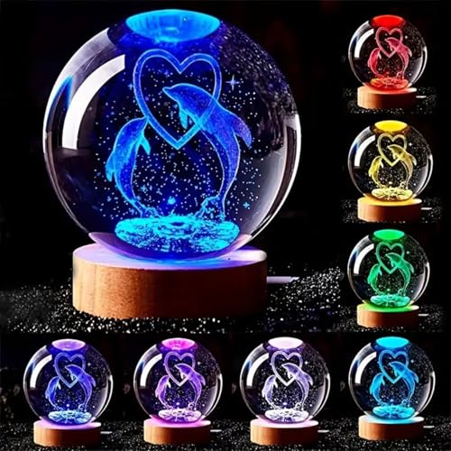 Image of 3D Crystal Ball Lamp with 16 Colors Changing LED Wooden Base - Solar System Night Light, Galaxy Lamps, Galaxy Crystal Ball Light with USB (16 Color Dolphin Love)