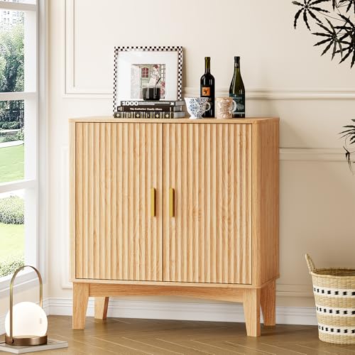 Image of BORNOON Storage Cabinet with Doors and Adjustable Shelf, Modern Fluted Sideboard Buffet Cabinet, Freestanding Coffee Bar for Kitchen, Pantry, Entryway, Living Room (Natural Oak)