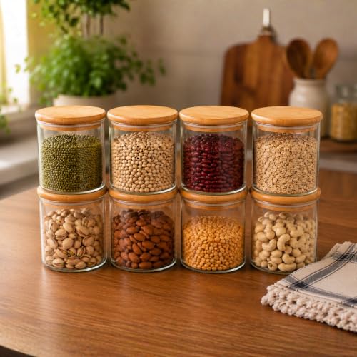 Image of Airtight Glass Storage Jar with Bamboo Lid, 750ml | Borosilicate Multipurpose Kitchen Container for Coffee, Tea, Sugar, Spices, Dry Fruits & Snacks Pantry Organizer (Pack of 8)