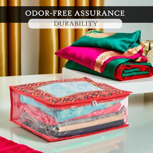 Image of Heart Home Pack of 12 Saree Storage Bag | 6 Inch | Wardrobe for Lehenga-Suit | Garment Clothing Cover | Lightweight-Portable Clothes | Chaudi Lace Printed | Red