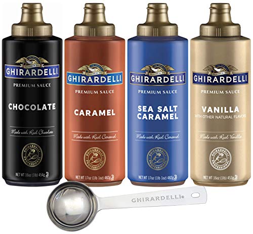 Ghirardelli - 16 Ounce Black Label, 16 Ounce Vanilla, 17 Ounce Caramel, 17 Ounce Sea Salt Caramel Flavored Sauce (Set of 4) with Ghirardelli Stamped Barista Spoon