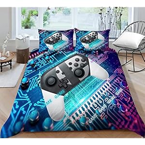 Tospass Bettwäsche Set 135x200cm Gamepad 3D Mädchen Jungen Jungs Kinder 2 Teilig Weich Blau Kinderbettwäsche Microfaser Bettbezug mit Reißverschluss 1 Kissenbezug 80x80cm