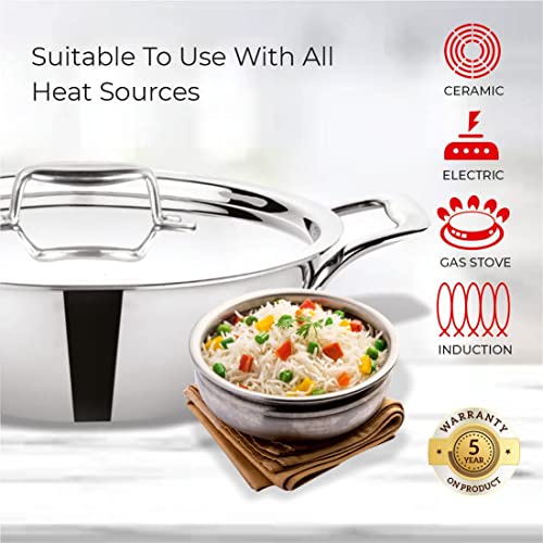 Image of BALTRA Triply Stainless Steel Kadhai with Lid | Perfect Kadhai for Curry /Stir-Fry /Deep-Fry /DryVeg /Saute Induction Friendly Naturally Non-Stick | 5 Years Warranty, 30cm, 5.4 litres Kadai for Cooking