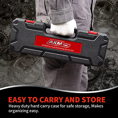 Akm Tool 27 Pc Flex Head Ratcheting Wrench Set, Metric | 72-Tooth | 8-22Mm | Extra Long Double Box End Ratchet Wrench Flex Head Wrench Set #TOP4