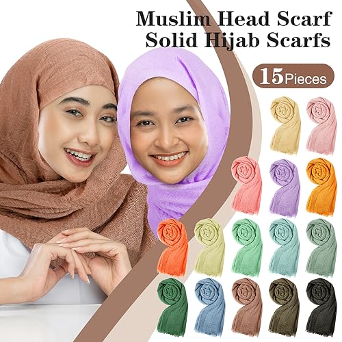 Janmercy 15 Pieces Hijab Scarfs for Women All Seasons Muslim Head Scarf Long Stylish Soft Wrap Shawl, 15 Color3