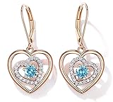 JD&P Forever Love Heart Drop Dangle Earring Set with March Aquamarine Birthstone Zirconia, Rose Gold