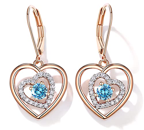 Jd&P Forever Love Heart Drop Dangle Earring Set With March Aquamarine Birthstone Zirconia, Rose Gold Tone Rhodium Plated, Birthday Anniversary Christmas Jewelry Gifts For Women Girls #TOP6