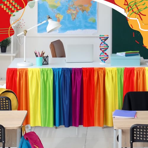 Image of Oudain 14 ft Rainbow Table Skirt Cloths for Teacher Desk Boho Colorful Wrinkle Rainbow Table Cover Skirt for Kindergarten Classroom Kidney Shaped Desk Back to School Supplies