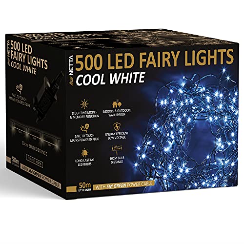 NETTA Christmas Tree Fairy Lights - 500 LED Cool White with 8 Different Modes; for Outdoor/Indoor Use, Xmas Party Decorations - 500 LED / 50M Lit-Length