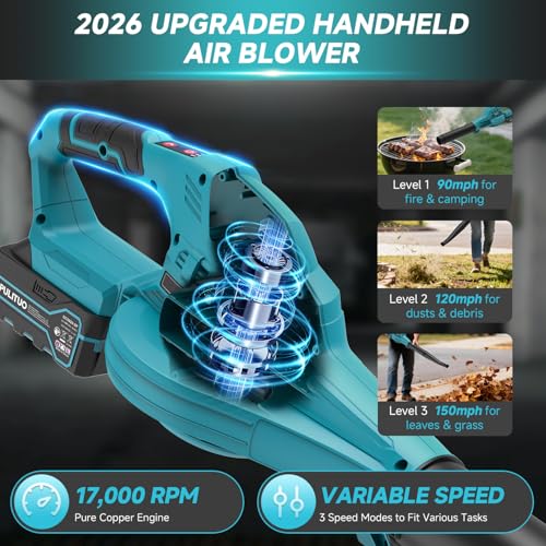 Leaf Blower Cordless with 2X 4.0Ah Batteries and Charger, 150MPH Lightweight Cordless Blower, 3 Speeds Small Battery Operated Leaf Blowers for Lawn Care, Patio, Yard, Leaves, Grass, Dust (Blue) by PULITUO - Used condition - Image 4