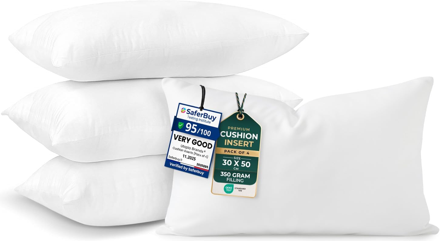 Cushion Inserts 4 Pack, 30 x 50 cm, Sofa Cushions - white | Cushion Inserts Fluffy Hollow Fiber Filling Soft & Supportive Ideal for Sofa Cushions Maintains Cushion Shape