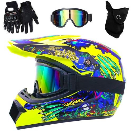 Motocross-Helm, Youth Kid DOT Integralhelm für Offroad-Sportmotorräder, Unisex-Downhill-MTB-ATV-Dirtbike-Helm, mit Schutzbrille, Maske und Handschuhen(Style 3,S(52-53cm))