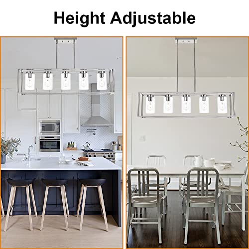 Image of Contemporary Chandeliers Brushed Nickel 5 Light Modern Dining Room Lighting Fixtures Hanging, Kitchen Island Linear Pendant Lights Farmhouse Flush Mount Ceiling Light with Glass Shade